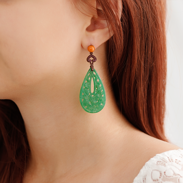 Earrings with jade, coral and tourmalines
